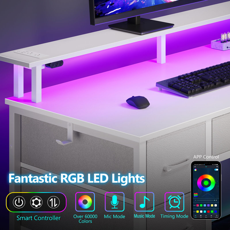Linze Computer Desk with Drawers and Monitor Shelf Gaming Desk with RGB LED Lights USB Ports 35.20 H x 39.40 W x 18.50 D White